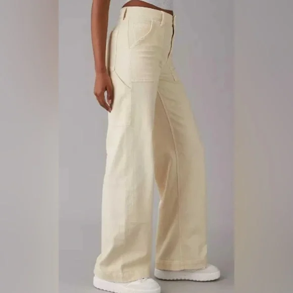 American Eagle AE Dreamy Drape Super High Rise Baggy Wide Leg Pant Stretch Cream - Picture 1 of 10